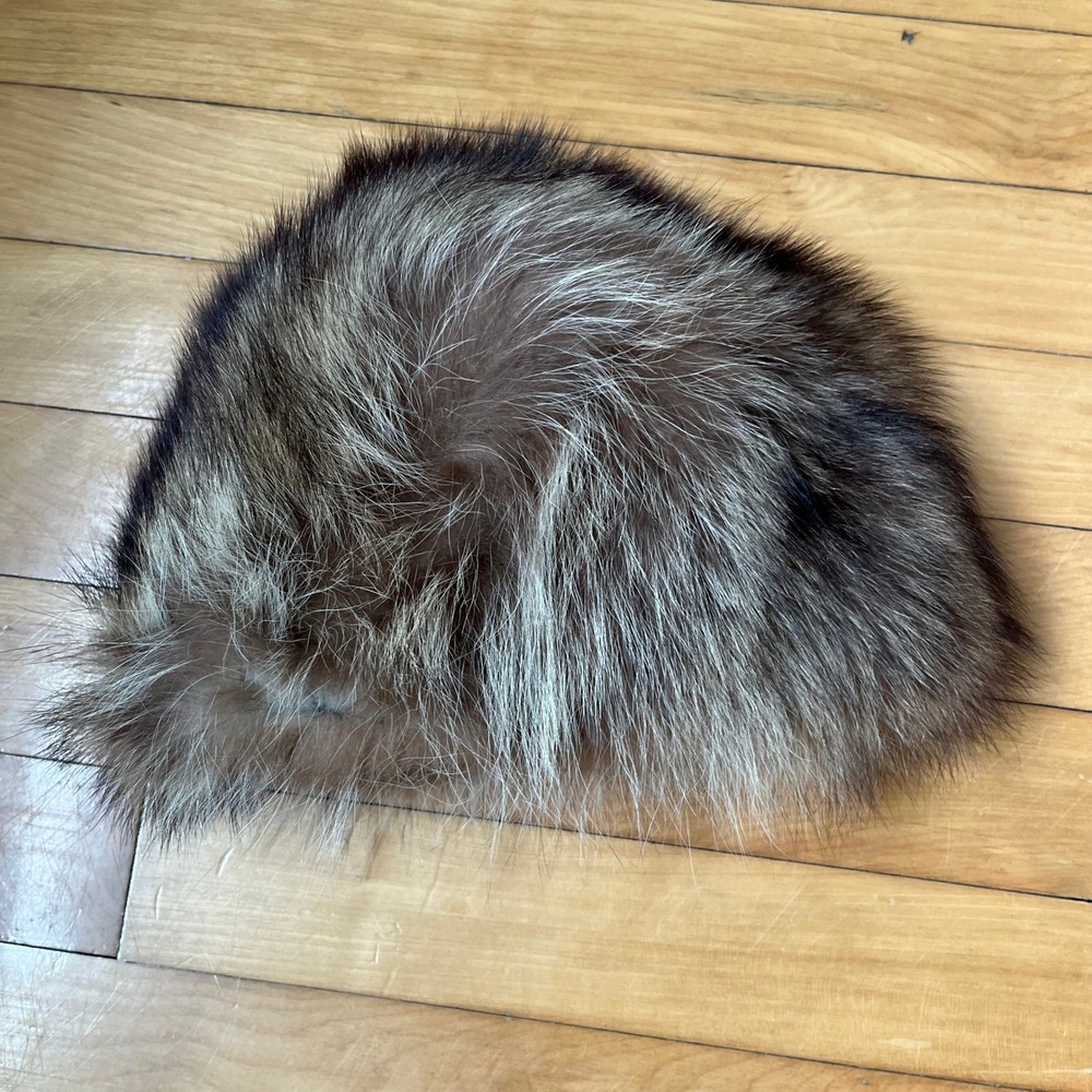 Vintage Real Fur Pillbox Hat Brown Multi Long Hair Quilted Satin Lining Luxe